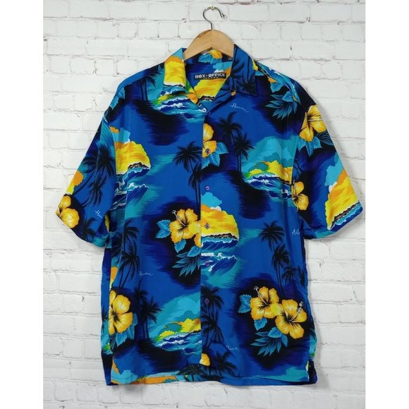 Box Office Island Men's Aloha Blue Hawaiian Shirt Size L Surfer Excellent Cond - Picture 2 of 12